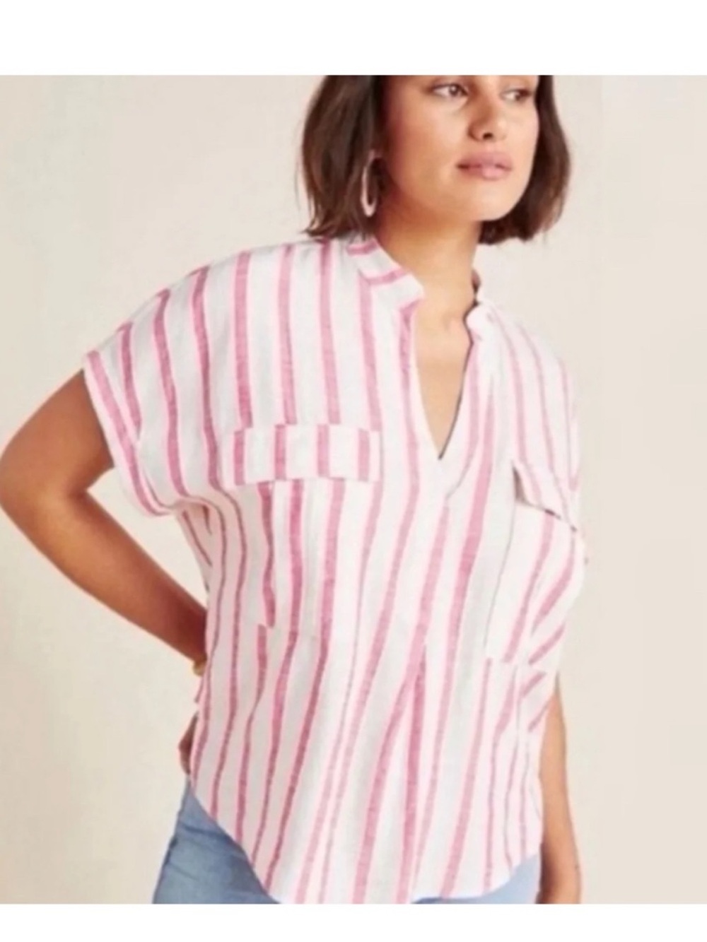 Anthropologie Pink and White Striped V-Neck Short Sleeve Blouse